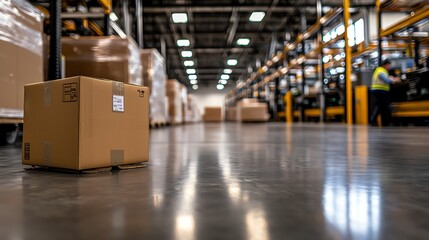 Single cardboard box sits on the floor of a large warehouse, with sets of shelves and worker in the background.