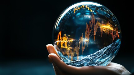 A hand holds a crystal ball with a financial chart inside, symbolizing the future of the market.