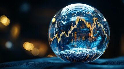 Crystal ball with a financial chart inside, on blue fabric, bokeh background.