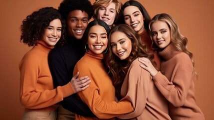 Fototapeta premium Diverse freshmen friends embrace happily, isolated cutouts illustrate multinational unity