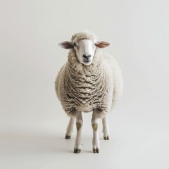 Fototapeta premium Medium shot of a sheep, isolated on a light solid pastel white background 