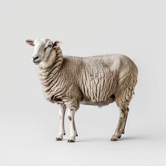 Obraz premium Medium shot of a sheep, isolated on a light solid pastel white background 
