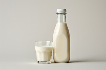 Fresh Milk in a Bottle and Glass on a Minimalist Background