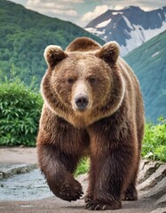 Fototapeta premium The Kamchatka brown bear or Ursus arctos piscator. Bear is coming towards the camera. Closeup of kamchatka brown bear.