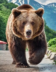 The Kamchatka brown bear or Ursus arctos piscator. Bear is coming towards the camera. Closeup of kamchatka brown bear.