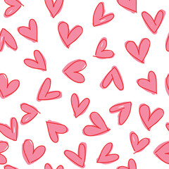 Seamless pattern with cute pink hearts on white background. Vector illustration.