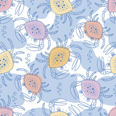 Vector seamless pattern. Crabs in outline style. Marine collection. Color background. Crabs on blue spot. Suitable for baby prints, baby decor, wallpaper, wrapping paper, stationery, scrapbooking, etc