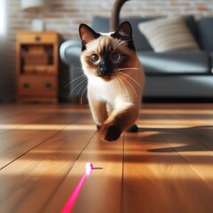 Playful Siamese Cat Chasing Red Laser Pointer on Wooden Floor