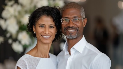 Fototapeta premium Smiling Couple Standing Together in a Park During Golden Hour