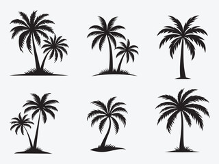 Black Palm Trees Set Isolated On White Background. Palm Silhouettes. Design Of Palm Trees For Posters, Banners, And Promotional Items. Vector Illustration.