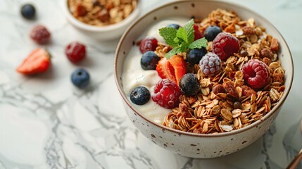 a bowl of granola with fruit and yogurt