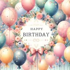 Happy Birthday Balloons and Flowers Greeting Card