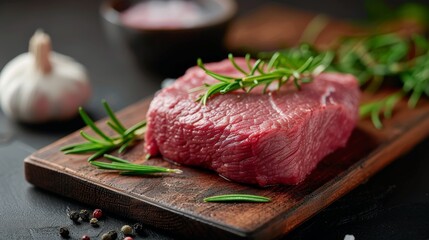 Fresh Cut Beef Steak With Rosemary on Wooden Cutting Board in Kitchen