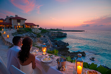 Couple having a romantic dinner at a beachfront fine dining restaurant at sunset