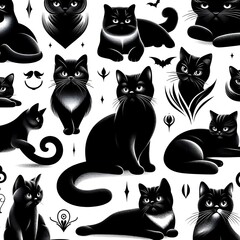 Seamless Pattern of Black Cats with White Background