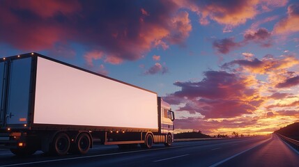 A white cargo truck driving on a highway during a vibrant sunset. Blank truck mockup for advertising. 