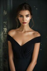 Naklejka premium Fashionable woman in a sleek black cocktail dress with a minimalist design, posing confidently against a dark, elegant backdrop.