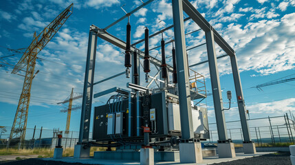 The high-voltage transformer installed in the power station shows itself in all its glory against the blue sky.