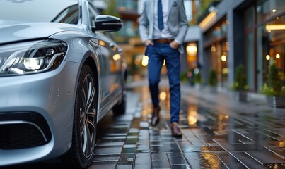 Obraz premium The caucasian businessman is opening the door of his car, representing business and transportation concepts.