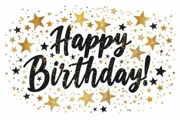 illustration of the text "Happy Birthday!" on a white background, with a black and gold color scheme, using an elegant calligraphic lettering Generative AI