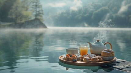 Obraz premium a tray of food sitting on top of a body of water
