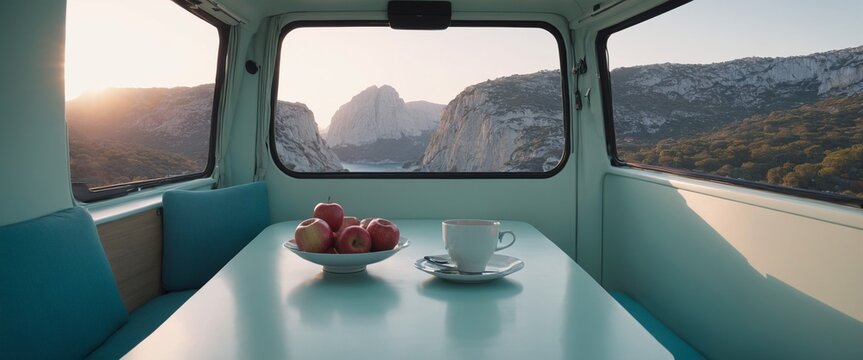 View from caravan inside on landscape mountain nature.