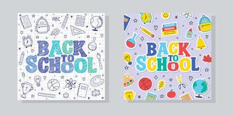 Back to School cards with cartoon icons. Set. Vector illustration