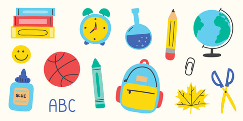 Set with school elements. Cartoon supply icons. Vector illustration