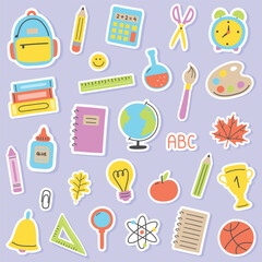 Cartoon school icon set. Colourful stickers. Vector illustration
