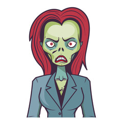 Zombie businesswoman, red hair, green skin, wide eyes, teeth braces, suit, cartoon, horror, undead, corporate clothes. Office Halloween female zombie scary monster professional attire