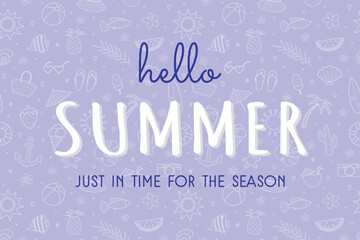 Hello Summer background with icons. Holiday design with colourful icons. Vector illustration