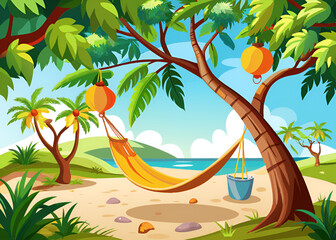 summer time on beach with palms and hammock