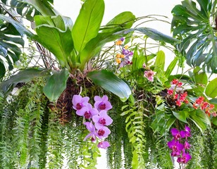 Obraz premium Tropical plants bush with tropical rainforest tree with epiphytes creeper plants Staghorn fern, Bird's nest fern, hanging Dischidia succulent plant and purple Vanda orchid flowers on white background