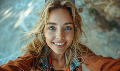 The caucasian girl, taking a selfie on her skateboard outdoors, embodies the concept of lifestyle and technology.