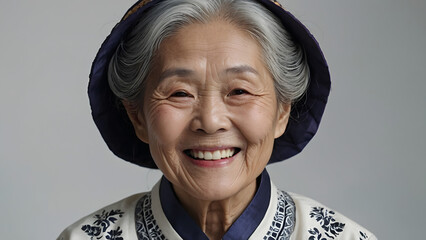 Grandmother old woman chinese in traditional dress with hat on head gray white hair, wide smile