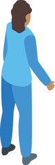 Female doctor in a blue uniform is standing with her back to us and pointing to the side