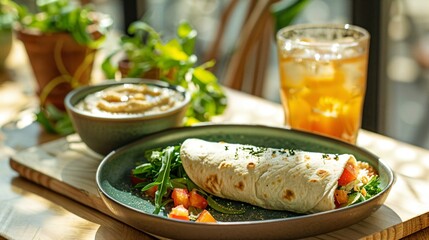 a plate with a burrito and a drink on a table