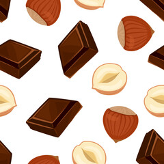 Chocolate and nuts vector background. Pieces of dark  chocolate bar and hazelnuts seamless pattern. Cartoon illustration.