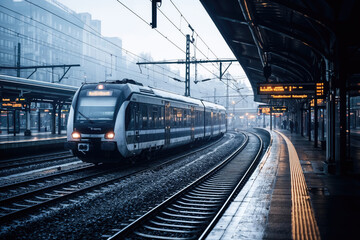 Naklejka premium Modern train arriving at empty platform in city