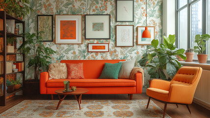 Modern Living Room with Orange Sofa and Indoor Plants