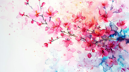 Watercolor cherry blossoms with color mixing on paper, vibrant and dynamic blending of spring colors, light background