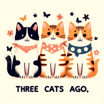 Three Cats Sitting Together with Flowers and Butterflies