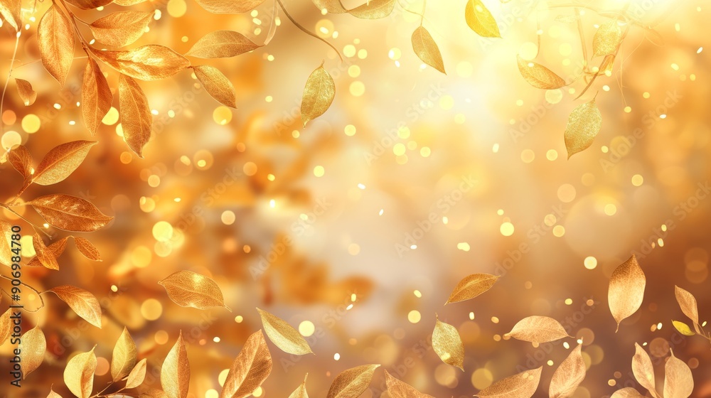 Poster Golden autumn leaves and sunlight mock up background with empty copy space and bokeh, empty autumn seasonal copy space, autumn background