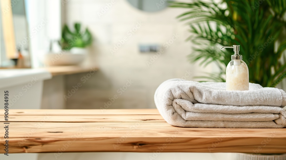 Poster Cozy wooden bathroom table empty copy space background mock up with blurred bathroom backdrop. Wooden table with towels and plants with empty copy space for design and ads