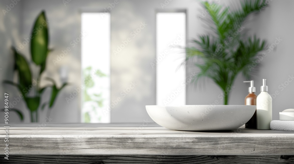 Poster Cozy wooden bathroom table empty copy space background mock up with blurred window backdrop. Wooden table with sink and towels with cosmetic bottles and plant with empty copy space for design and ads