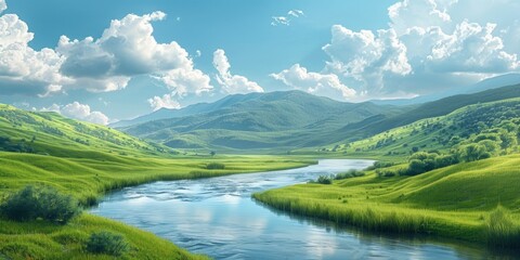 Sweeping Panoramic of a River Encircled by Lush Green Mountains on a Sunny Day, Embracing Nature's Serene Majesty