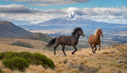 Two wild Kaimanawa horses running in the mountain ranges with Mount Ruapehu in the distance, Central Plateau, New Zealand