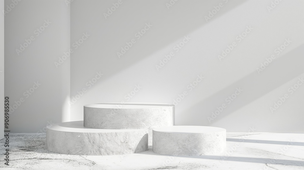 Poster Empty circle round cylindric marble stone white podiums stages table in white empty studio room with sunlight beams from windows. White empty table stage mock up background for products and design