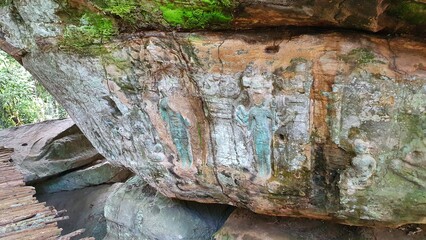 Cambodia. Bas-reliefs in the jungle on Phnom Kulen Mountain in the National Park. Siem Reap province. 