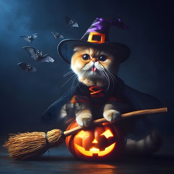 Witch Cat On a Broom with a Jack-O-Lantern for Halloween
